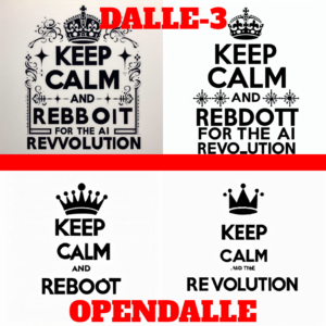 “keep calm and reboot for the AI revolution” with a crown on top, black text, white background